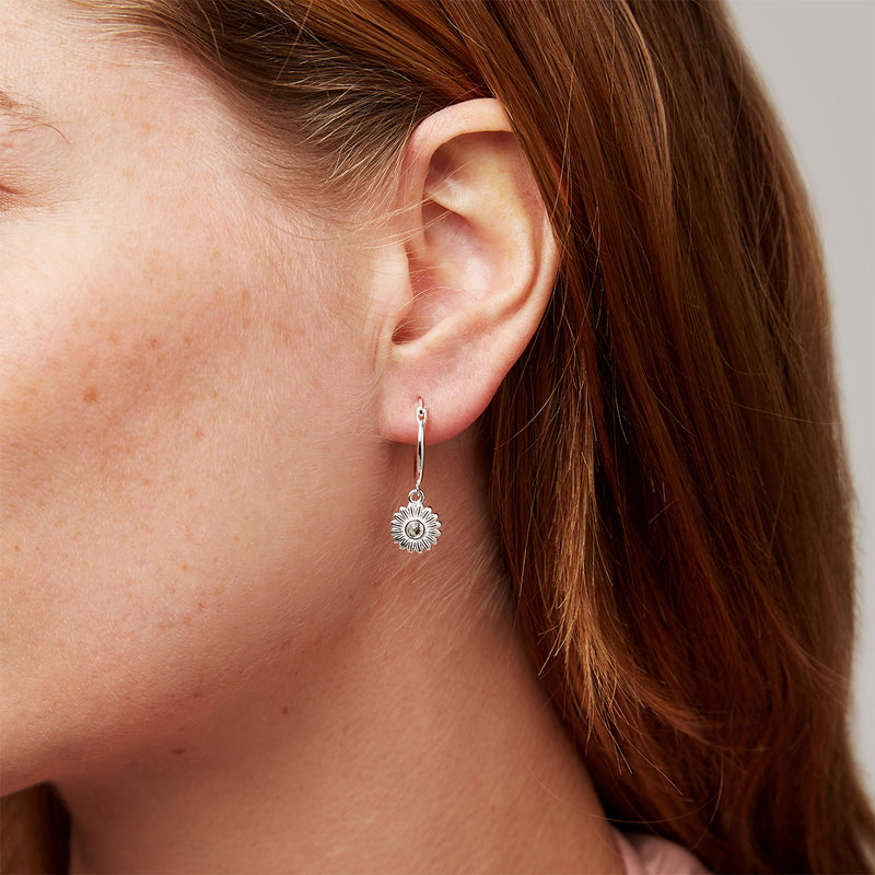 Daisy Charm Hoop Earrings Silver