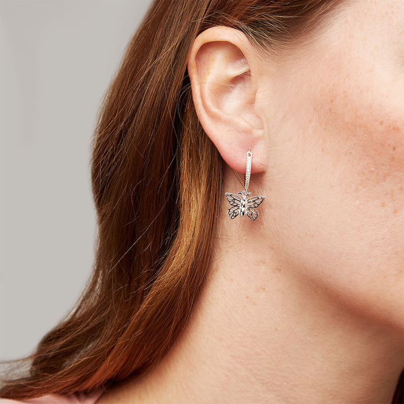 Sparkle Butterfly Charm Hoop Earrings Silver