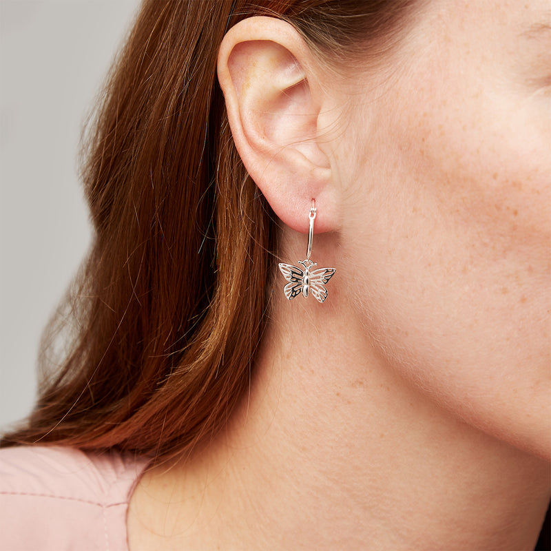 Butterfly Charm Hoop Earrings Silver
