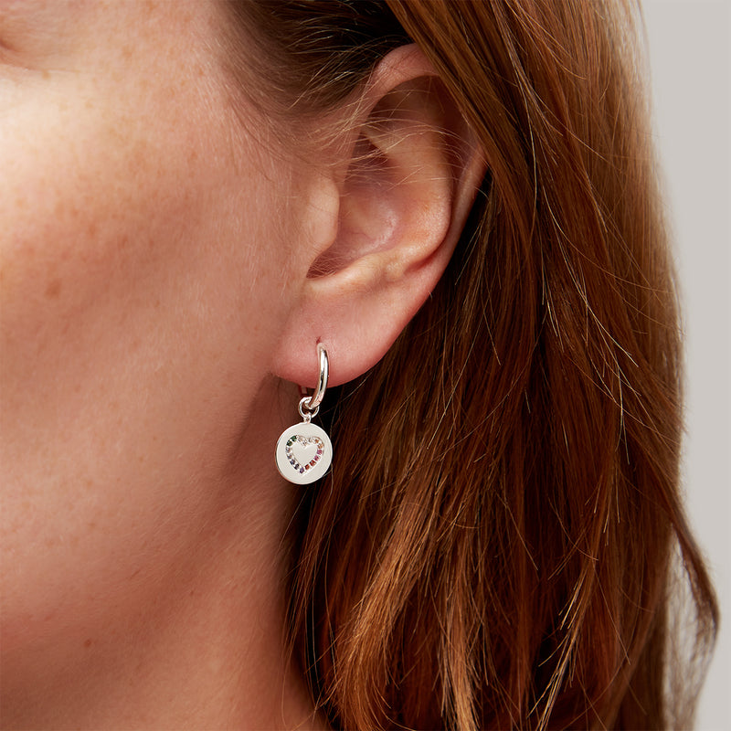 Love Heart Coin Charm Huggie Earrings Silver