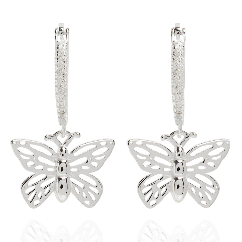 Sparkle Butterfly Charm Hoop Earrings Silver