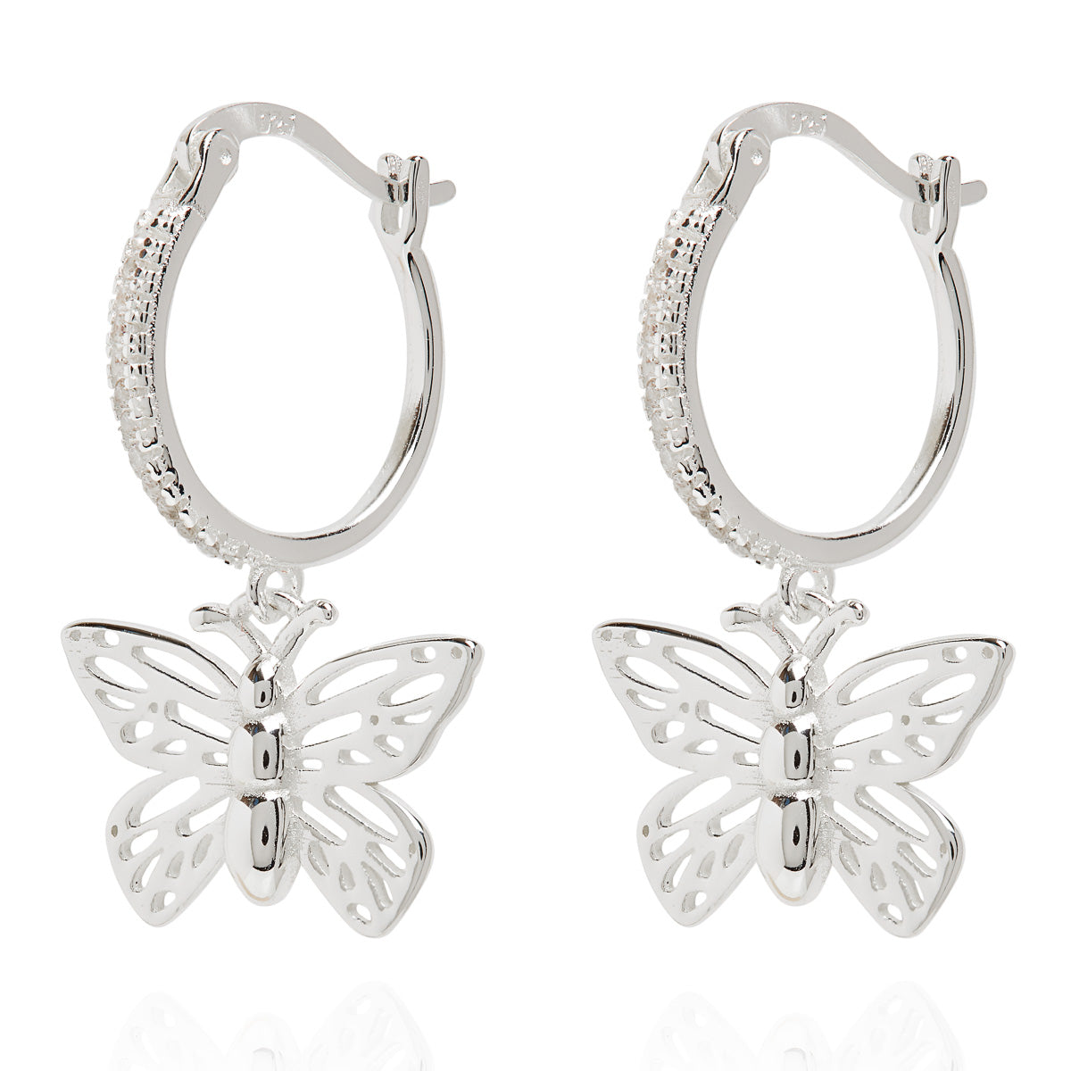 Sparkle Butterfly Charm Hoop Earrings Silver