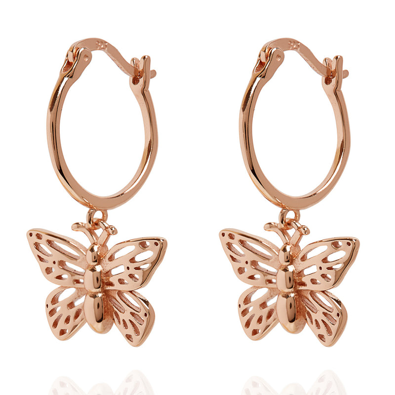 Butterfly Charm Hoop Earrings Rose Gold