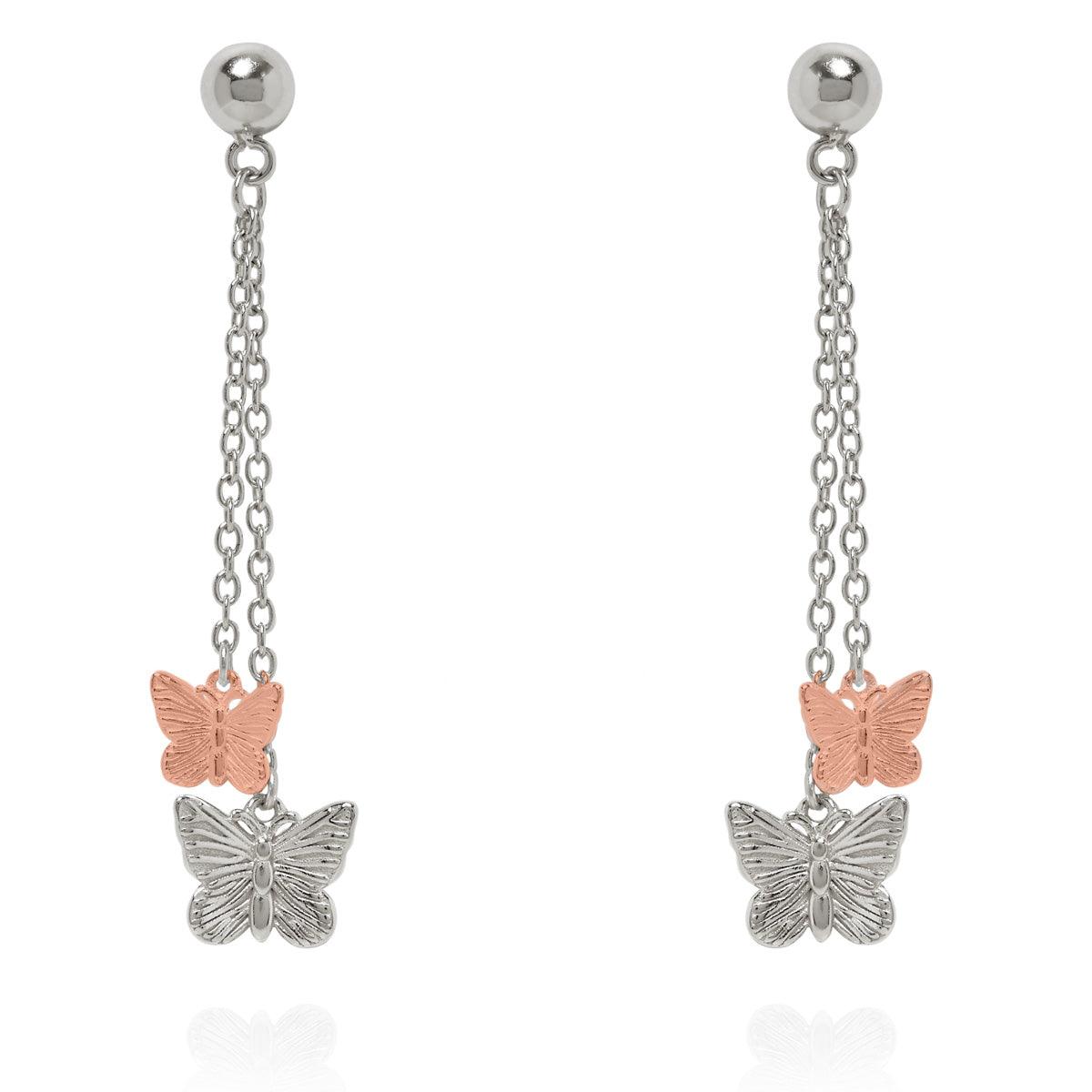 Butterfly Duo Drop Earrings Silver & Rose Gold