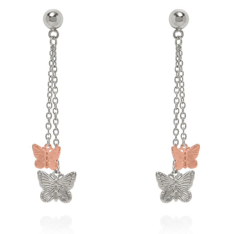 Butterfly Duo Drop Earrings Silver & Rose Gold
