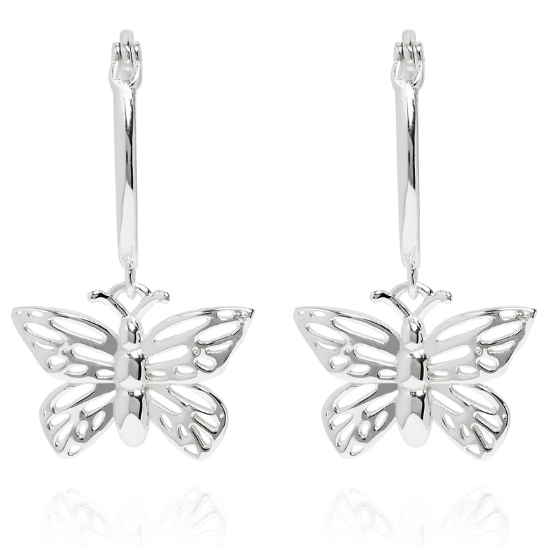 Butterfly Charm Hoop Earrings Silver