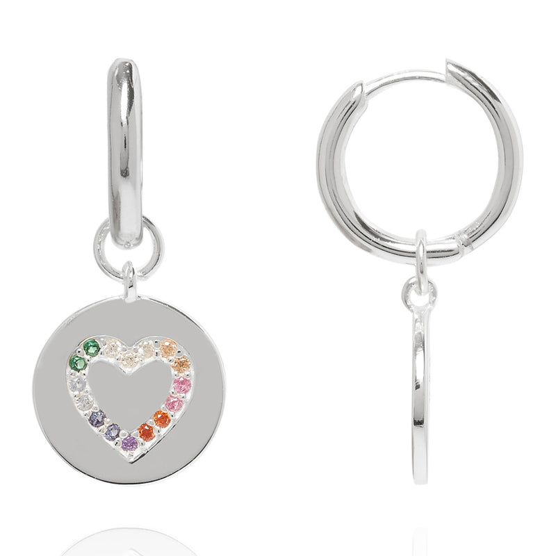 Love Heart Coin Charm Huggie Earrings Silver